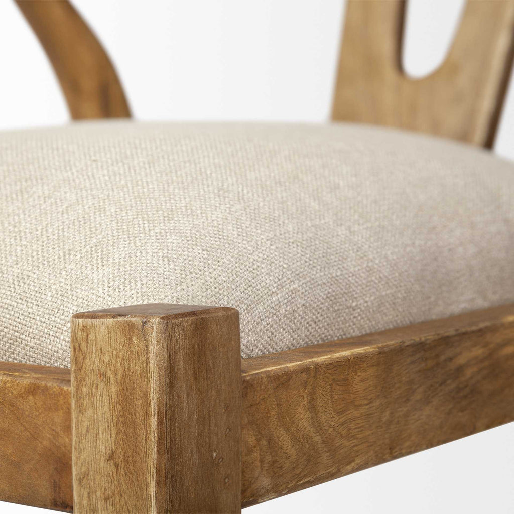 Beige and Brown Upholstered Fabric Wishbone Back