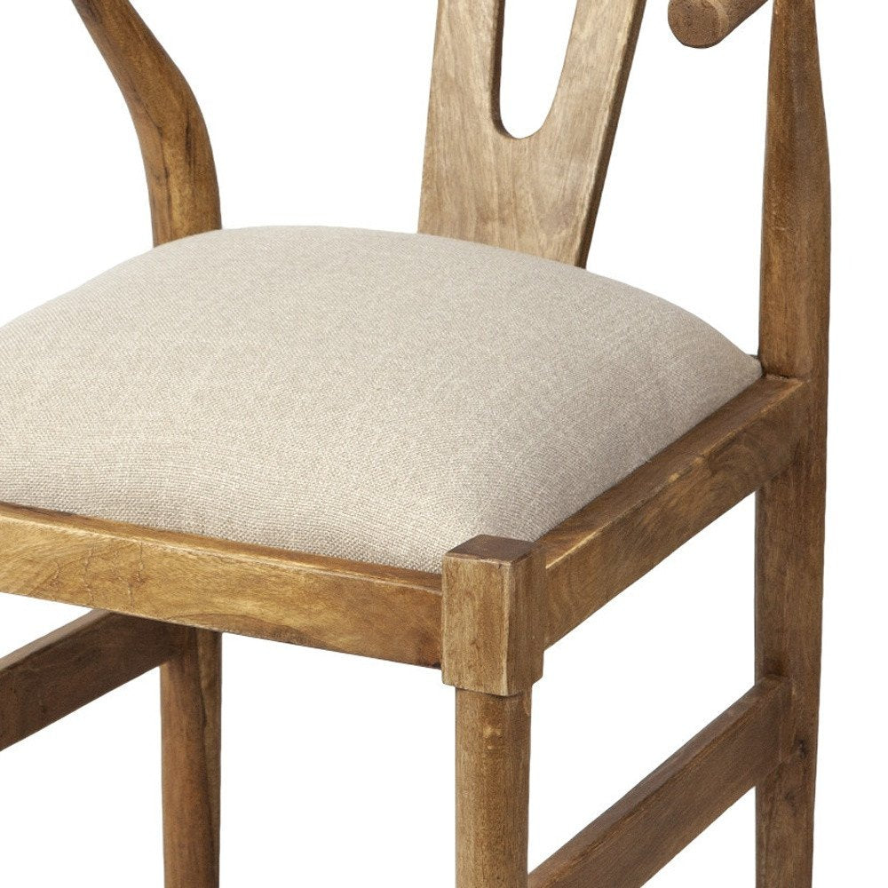 Beige and Brown Upholstered Fabric Wishbone Back