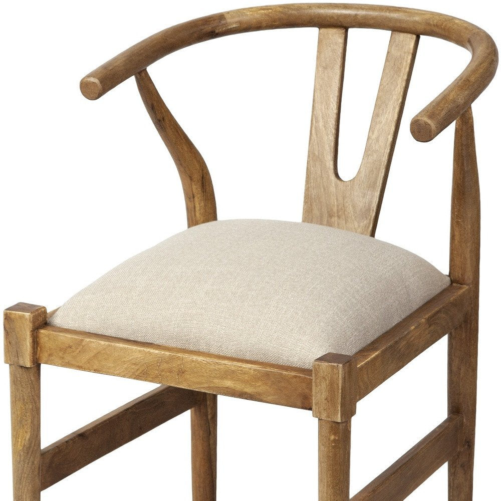 Beige and Brown Upholstered Fabric Wishbone Back