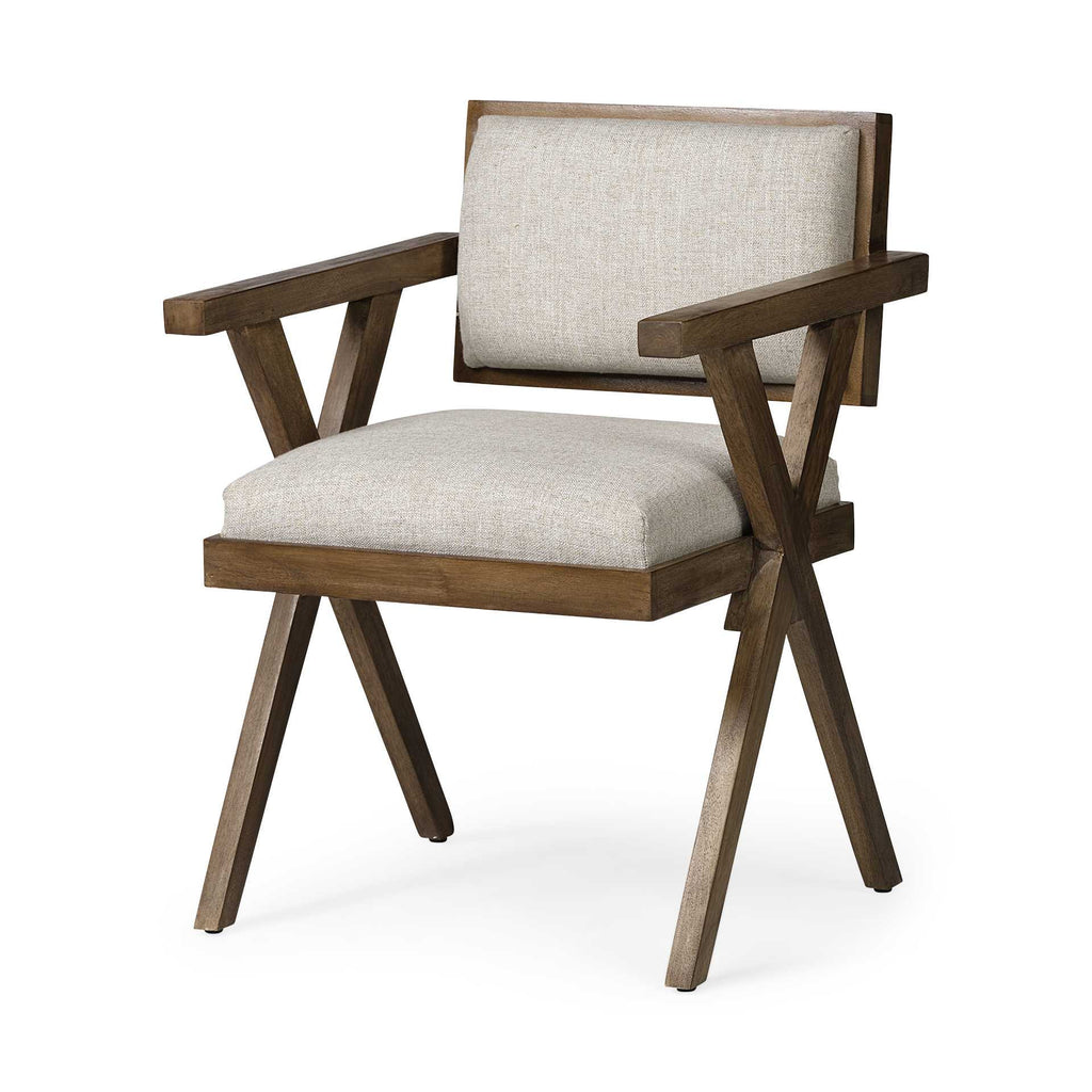 Cream and Brown Upholstered Fabric Open Back Dining Arm Chair