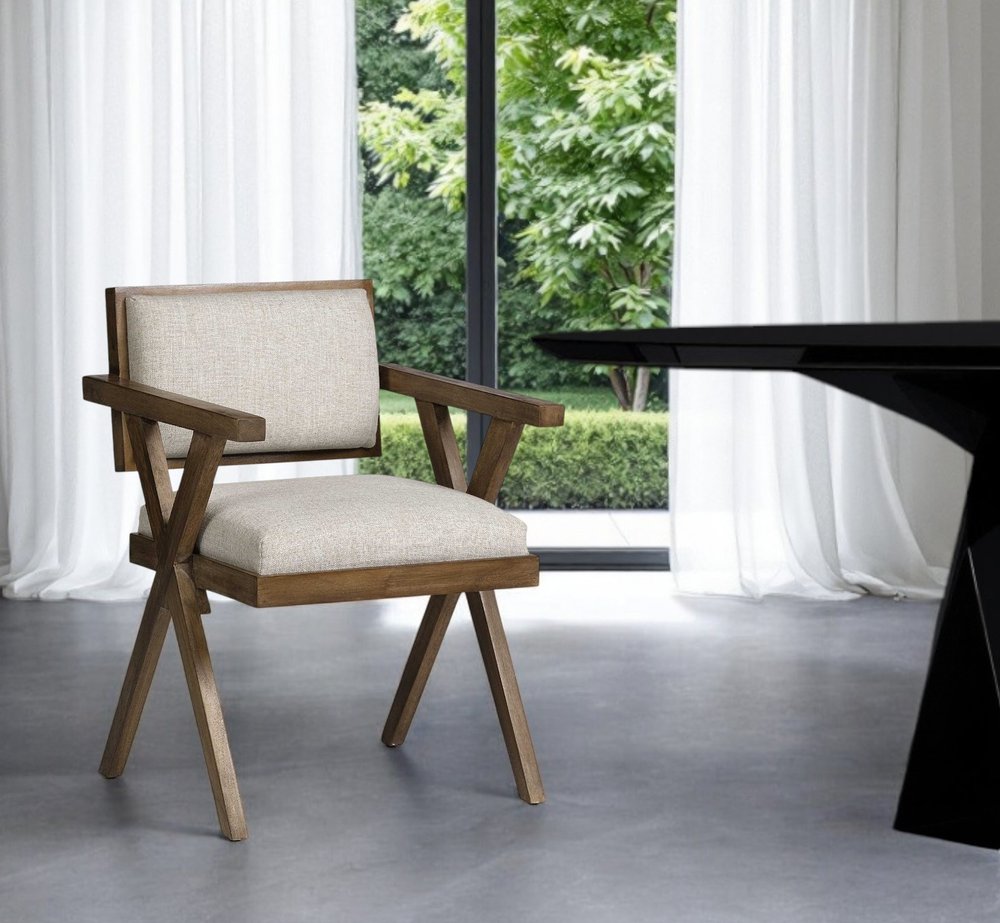 Cream and Brown Upholstered Fabric Open Back Dining Arm Chair