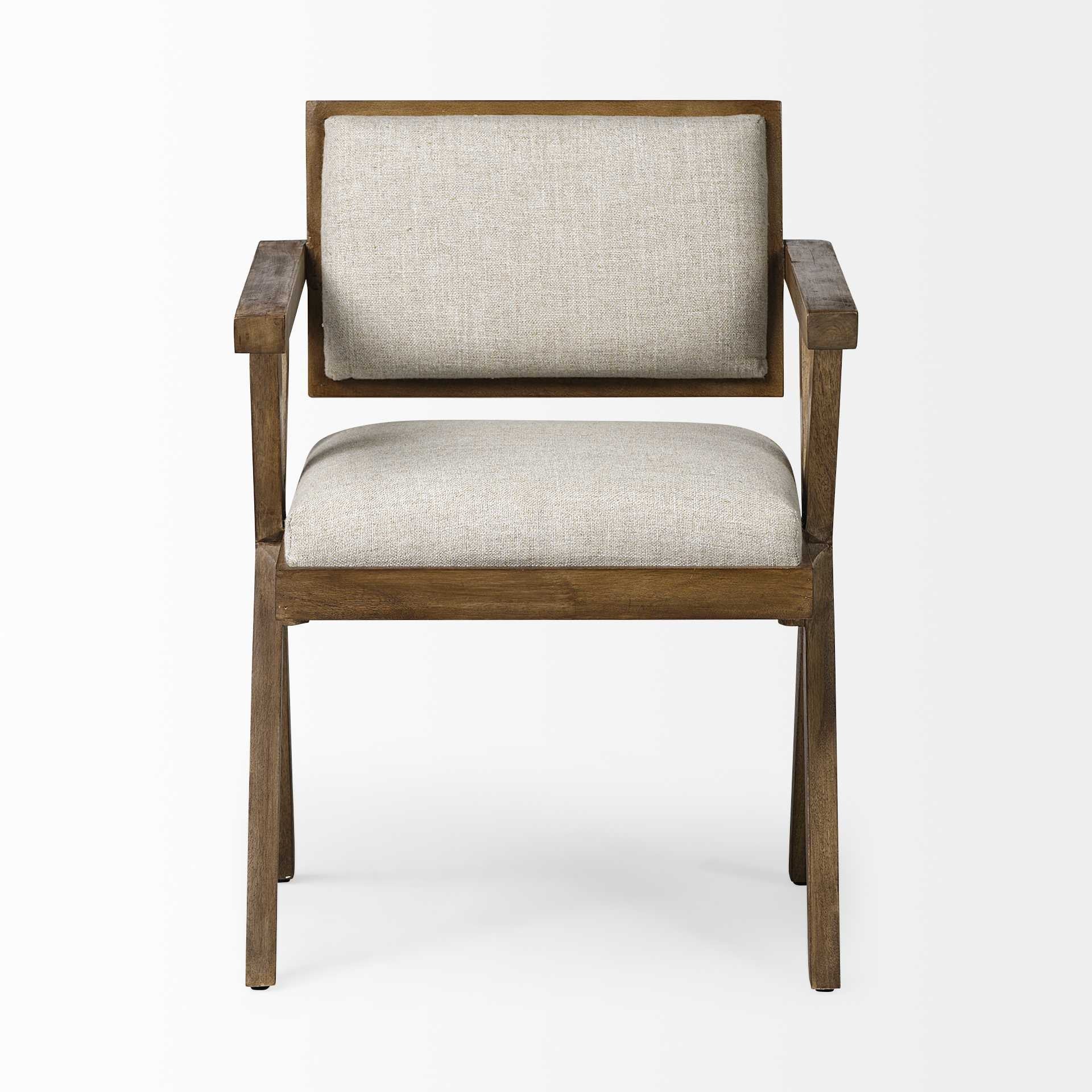 Cream and Brown Upholstered Fabric Open Back Dining Arm Chair