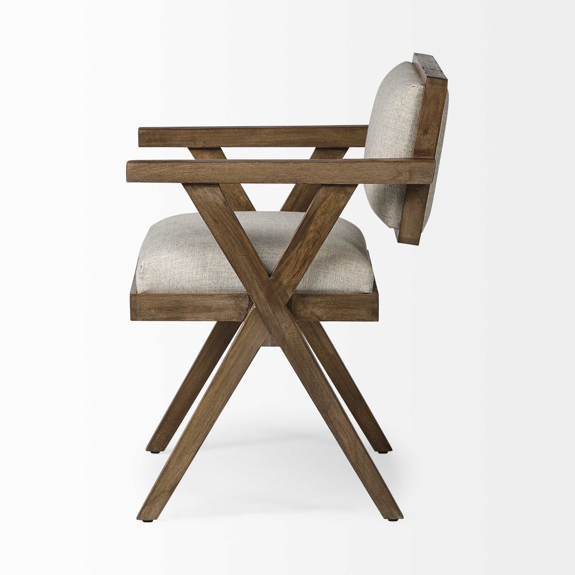 Cream and Brown Upholstered Fabric Open Back Dining Arm Chair