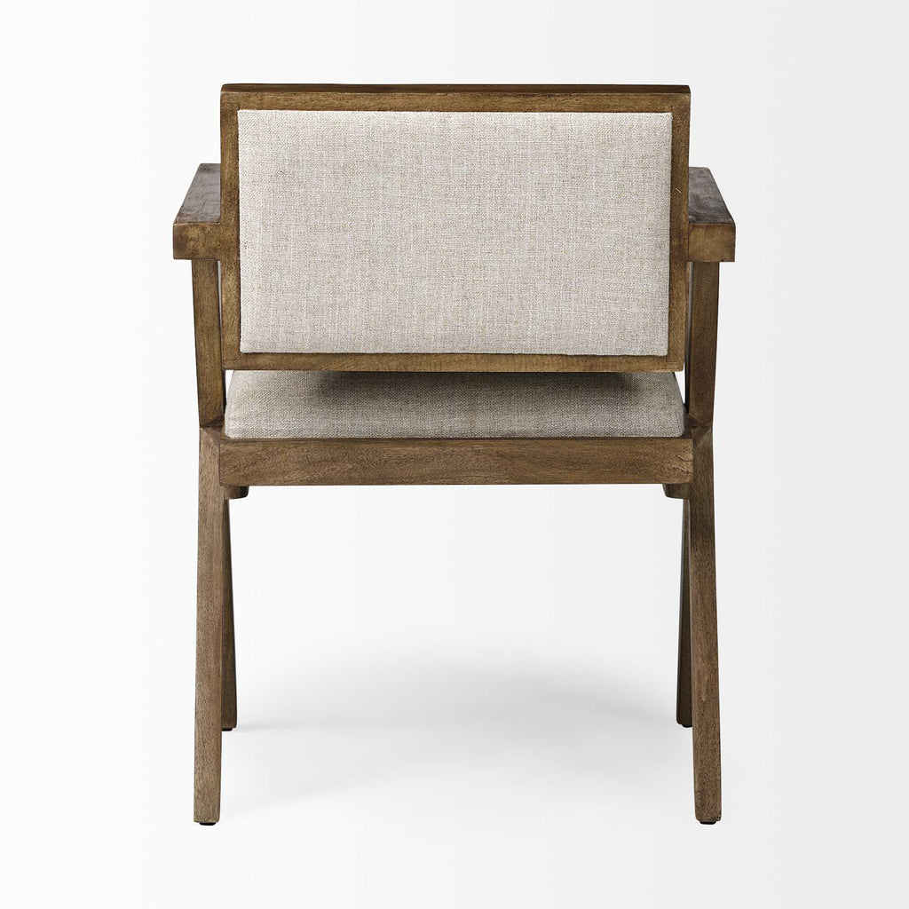 Cream and Brown Upholstered Fabric Open Back Dining Arm Chair