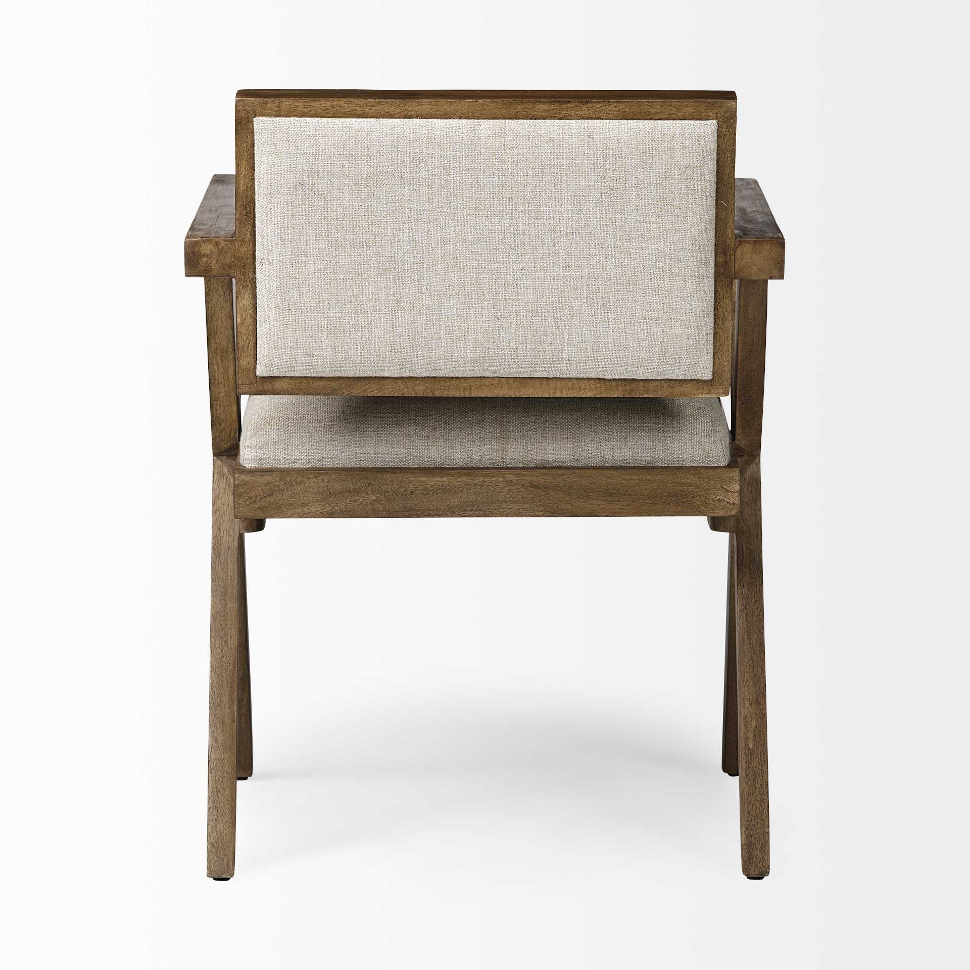 Cream and Brown Upholstered Fabric Open Back Dining Arm Chair