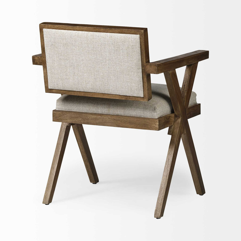 Cream and Brown Upholstered Fabric Open Back Dining Arm Chair