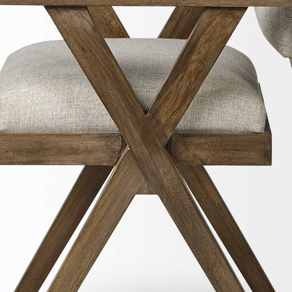 Cream and Brown Upholstered Fabric Open Back Dining Arm Chair