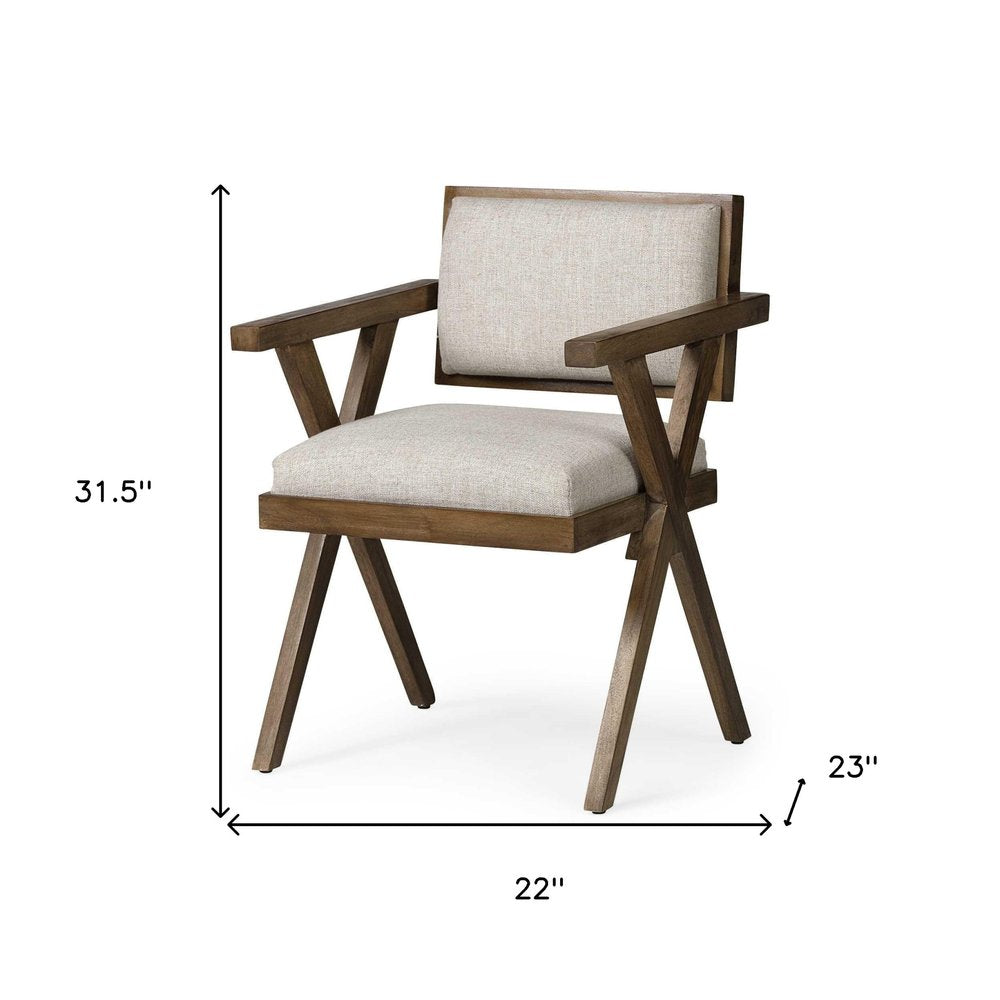 Cream and Brown Upholstered Fabric Open Back Dining Arm Chair