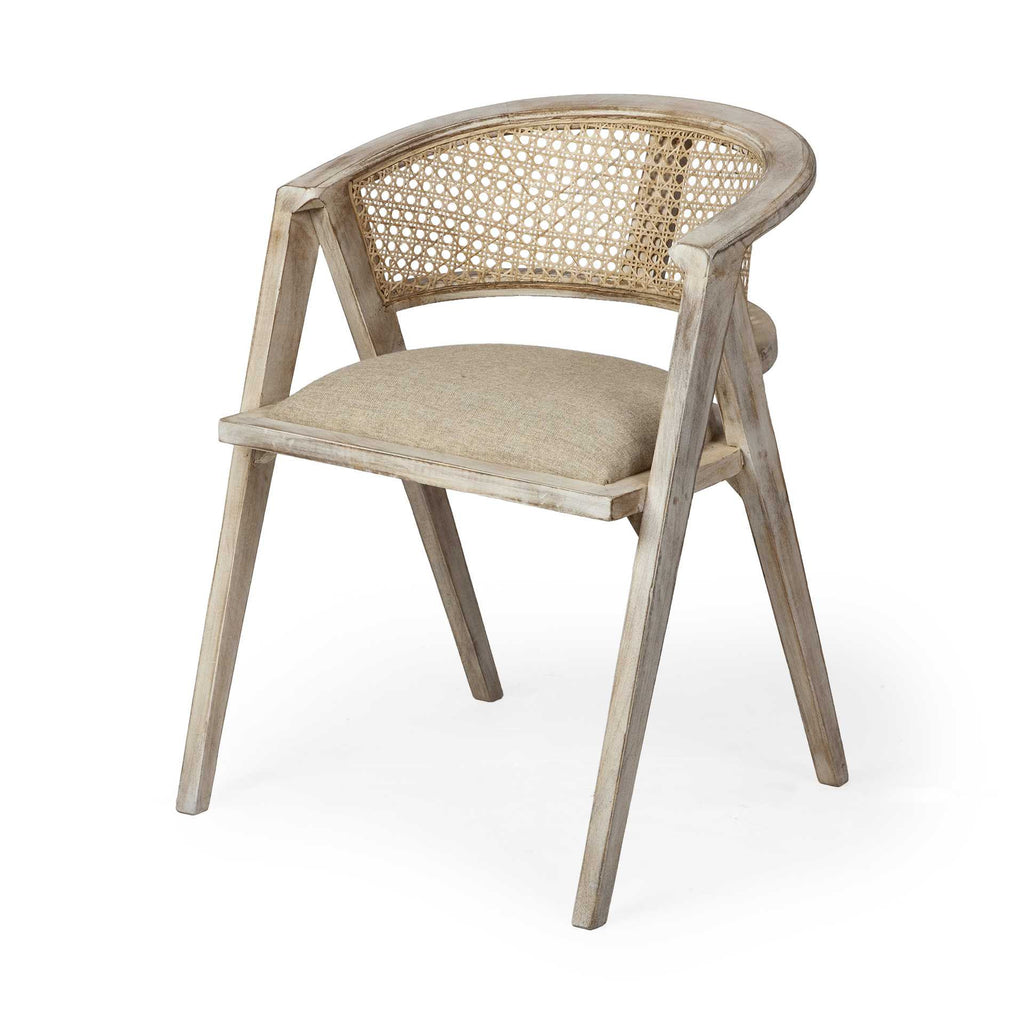 Beige and Gray Upholstered Linen Curved Back Dining Arm Chair