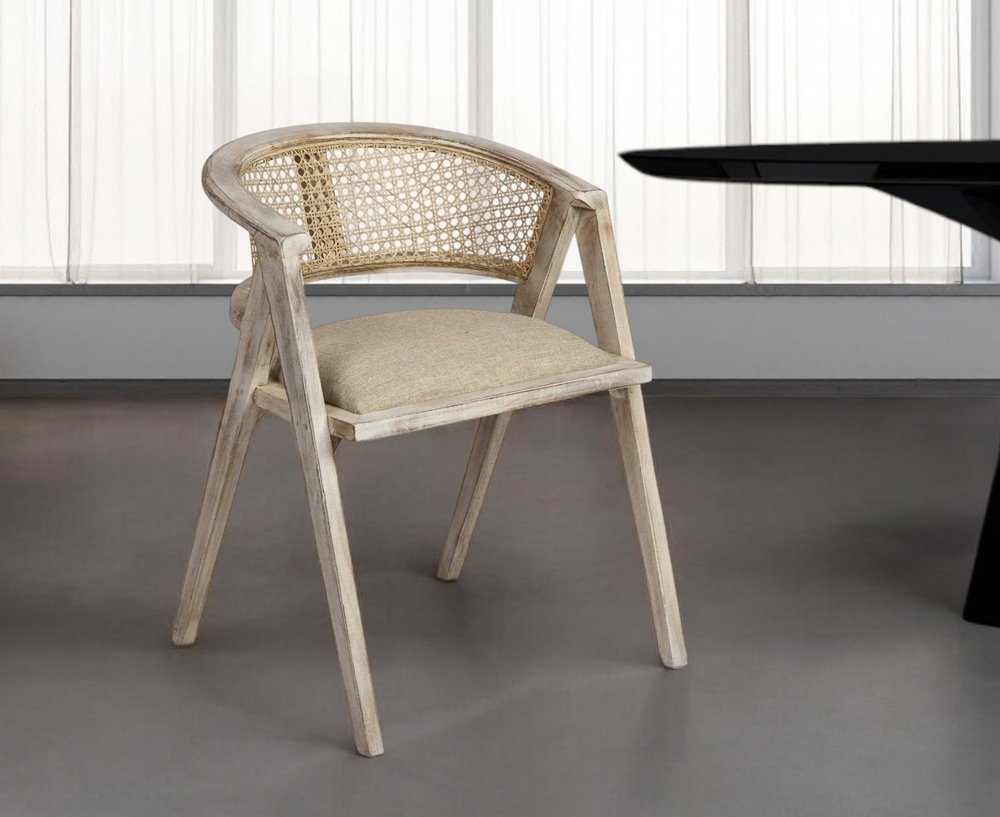 Beige and Gray Upholstered Linen Curved Back Dining Arm Chair