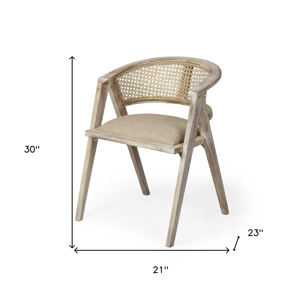 Beige and Gray Upholstered Linen Curved Back Dining Arm Chair