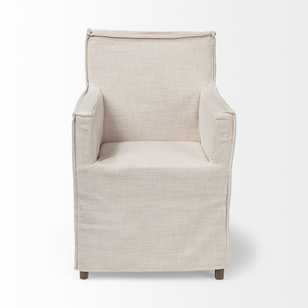Cream and Brown Slipcovered Upholstered Fabric Dining Arm Chair