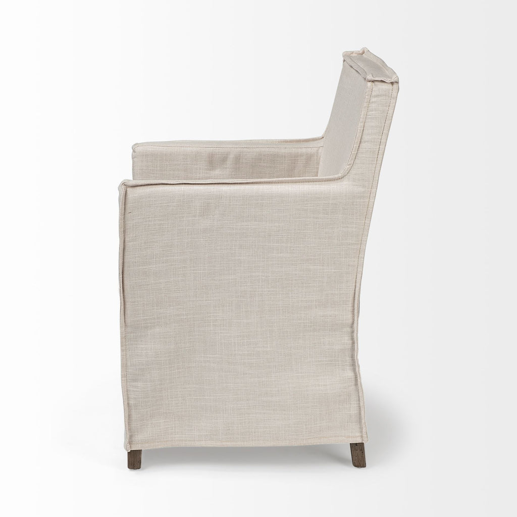 Cream and Brown Slipcovered Upholstered Fabric Dining Arm Chair