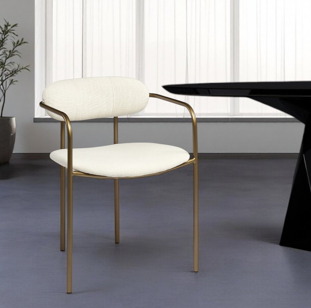 Set of Two Cream and Gold Fabric Open Back Dining Arm Chairs