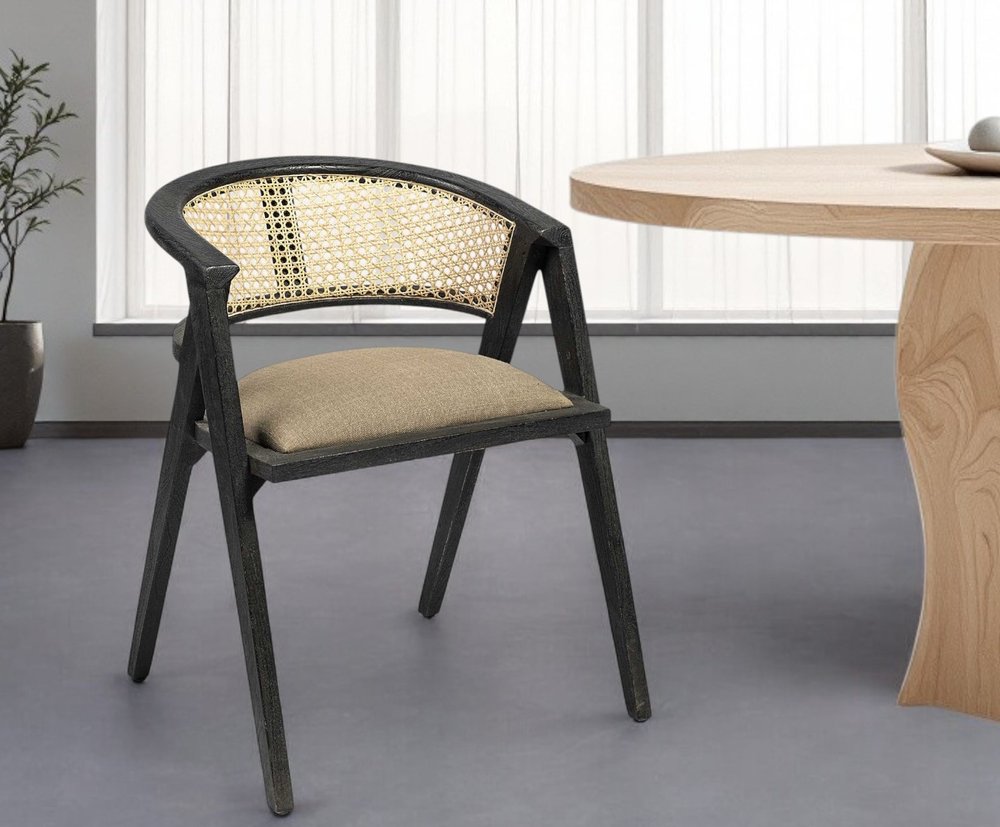 Gray and Black Upholstered Linen Open Back Dining Arm Chair