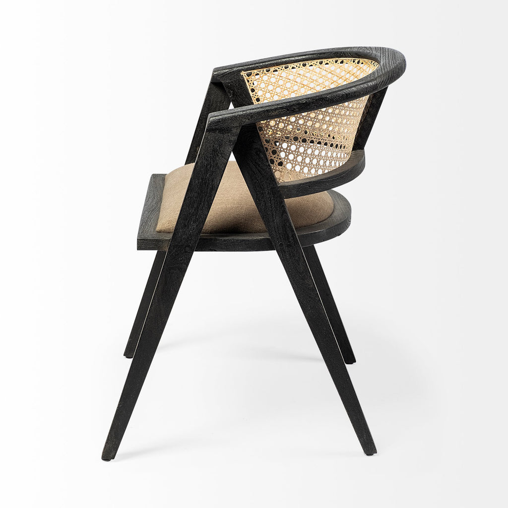 Gray and Black Upholstered Linen Open Back Dining Arm Chair