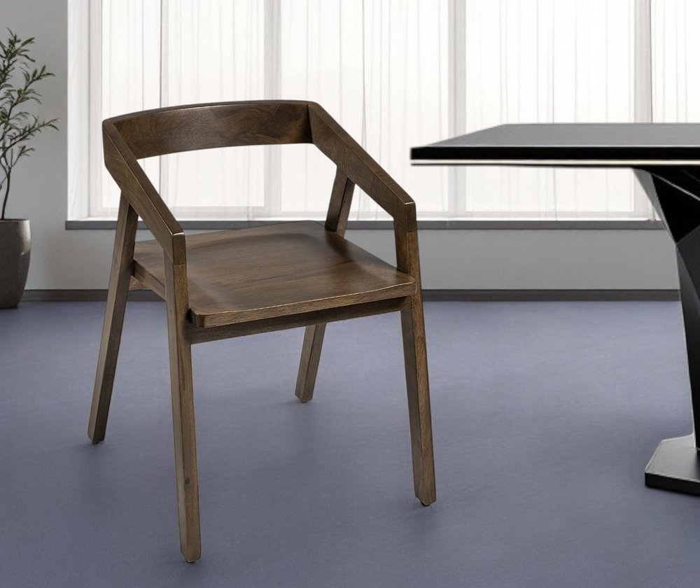 Set of Two Brown Wood Open Back Arm Chairs