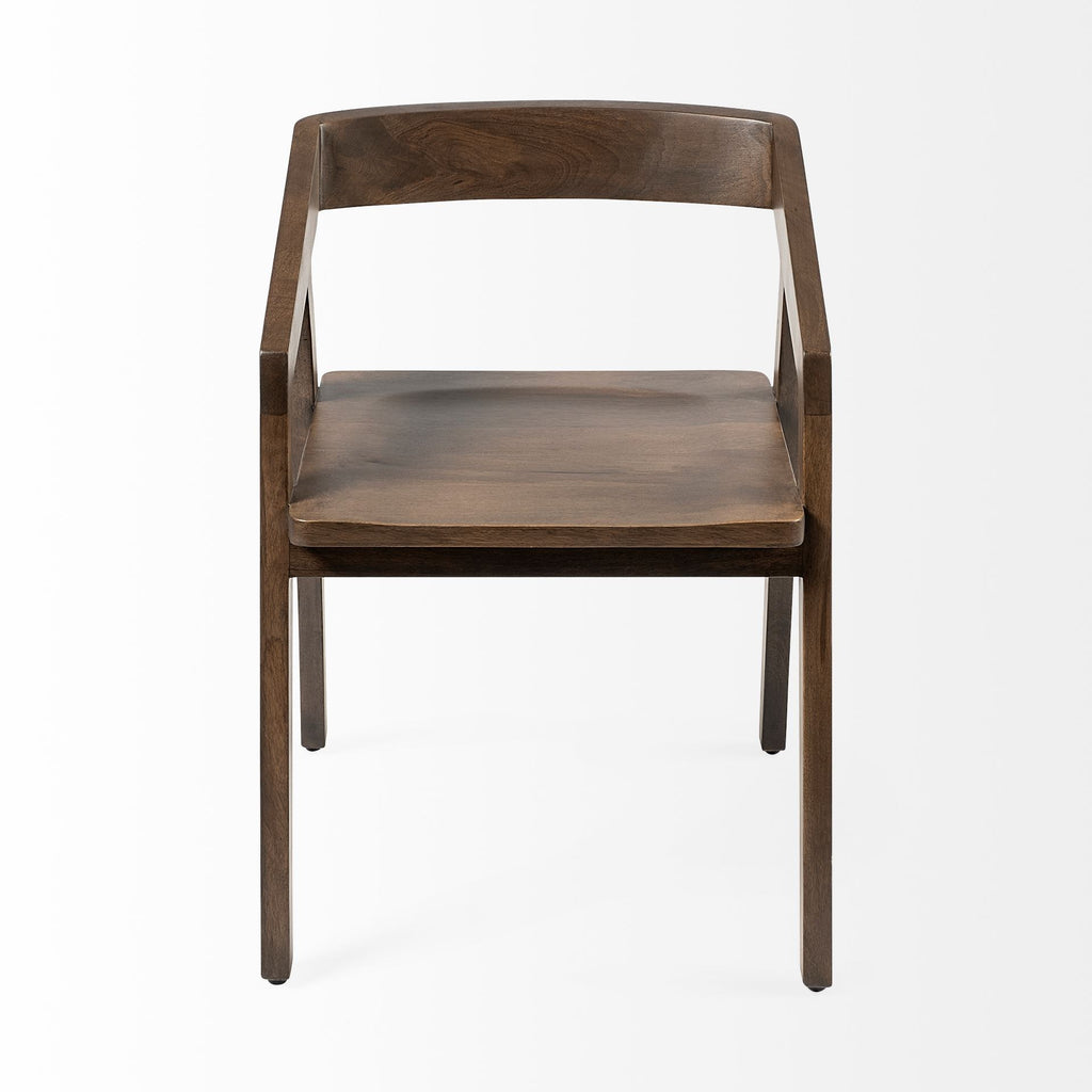 Set of Two Brown Wood Open Back Arm Chairs