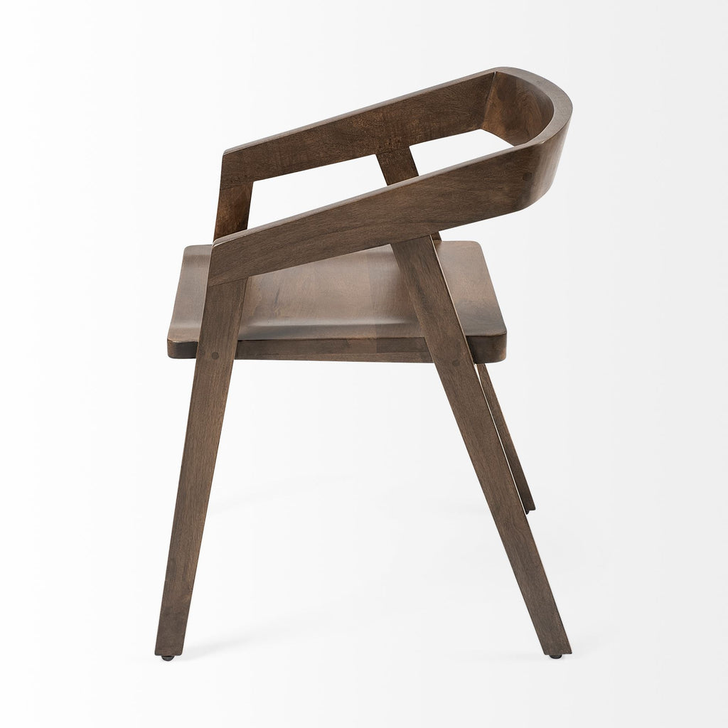 Set of Two Brown Wood Open Back Arm Chairs