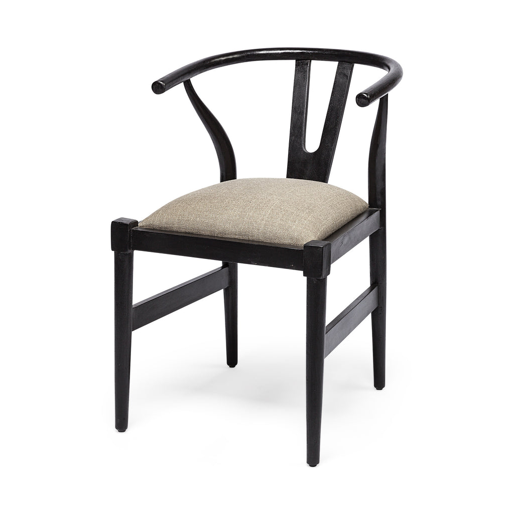 Beige and Black Upholstered Linen Wishbone Back Dining Side Chair