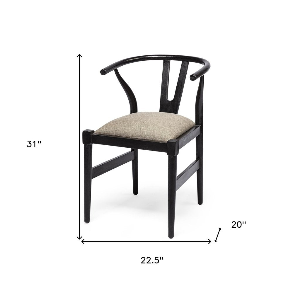Beige and Black Upholstered Linen Wishbone Back Dining Side Chair