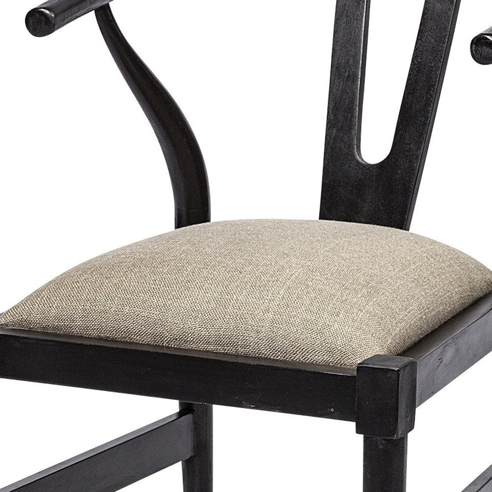 Beige and Black Upholstered Linen Wishbone Back Dining Side Chair