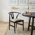 Beige and Black Upholstered Linen Wishbone Back Dining Side Chair