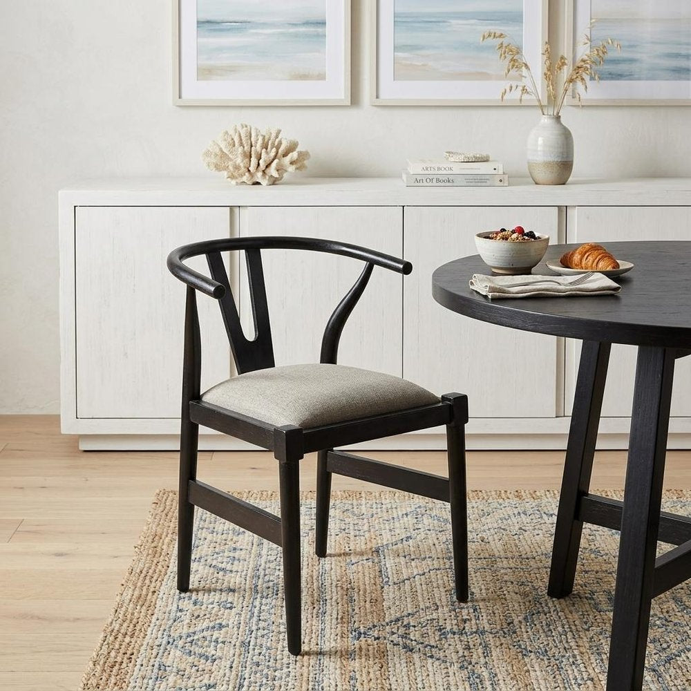Beige and Black Upholstered Linen Wishbone Back Dining Side Chair