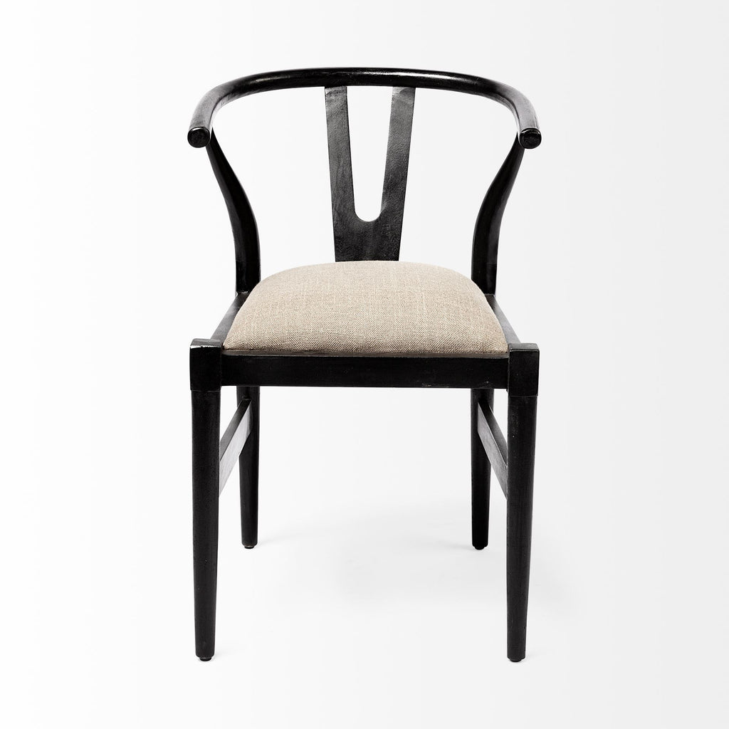 Beige and Black Upholstered Linen Wishbone Back Dining Side Chair