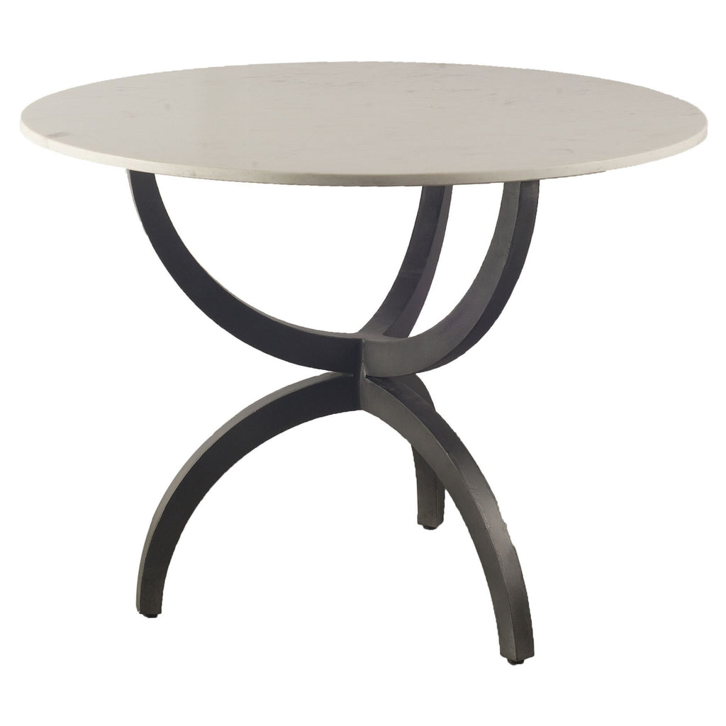 Off White and Black Rounded Marble and Metal Three Leg Base Dining Table