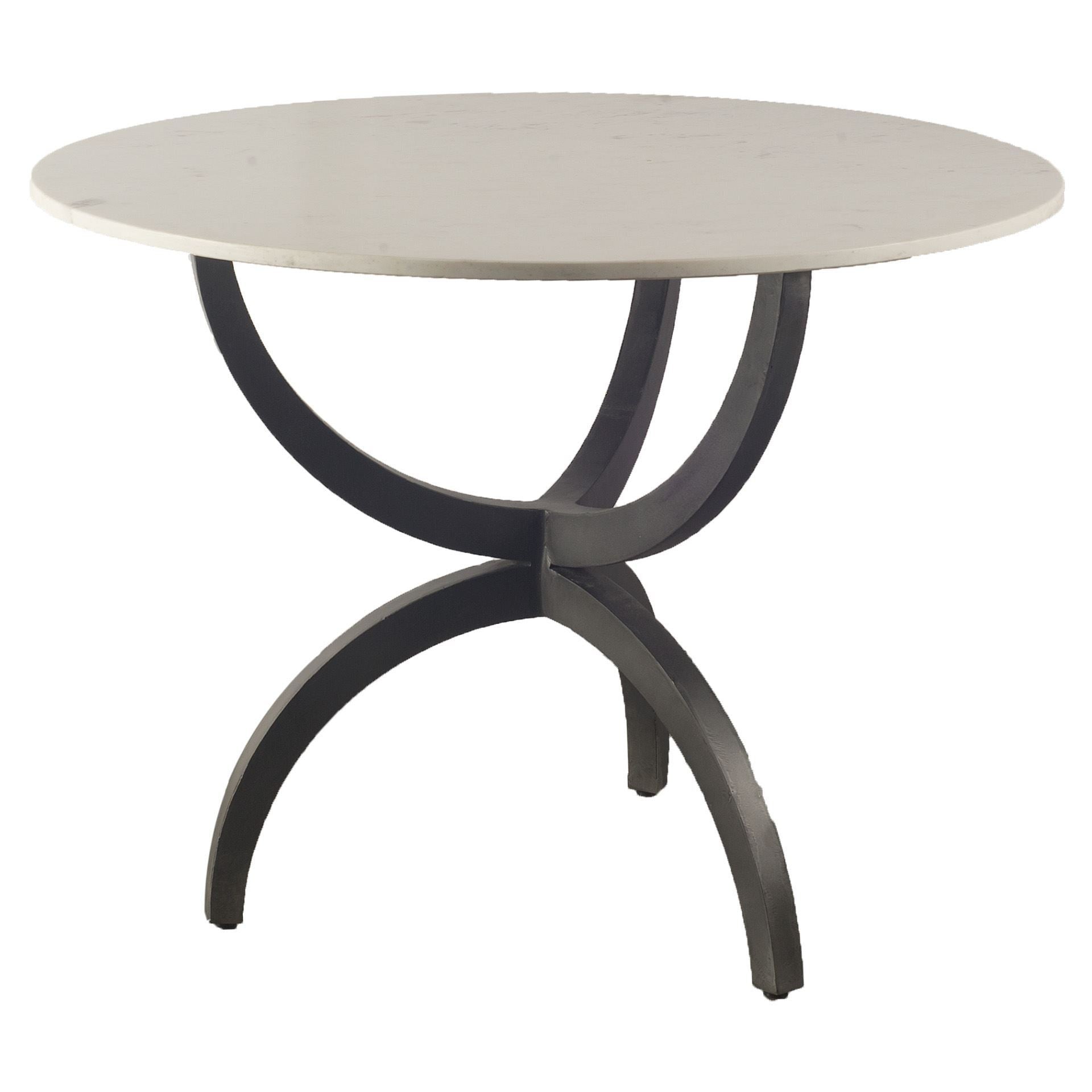 Off White and Black Rounded Marble and Metal Three Leg Base Dining Table