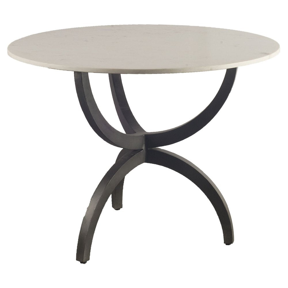 Off White and Black Rounded Marble and Metal Three Leg Base Dining Table