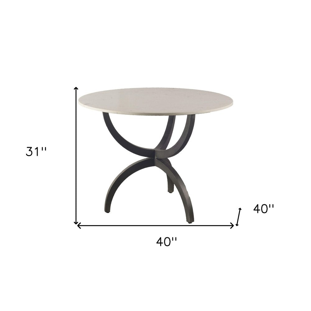 Off White and Black Rounded Marble and Metal Three Leg Base Dining Table