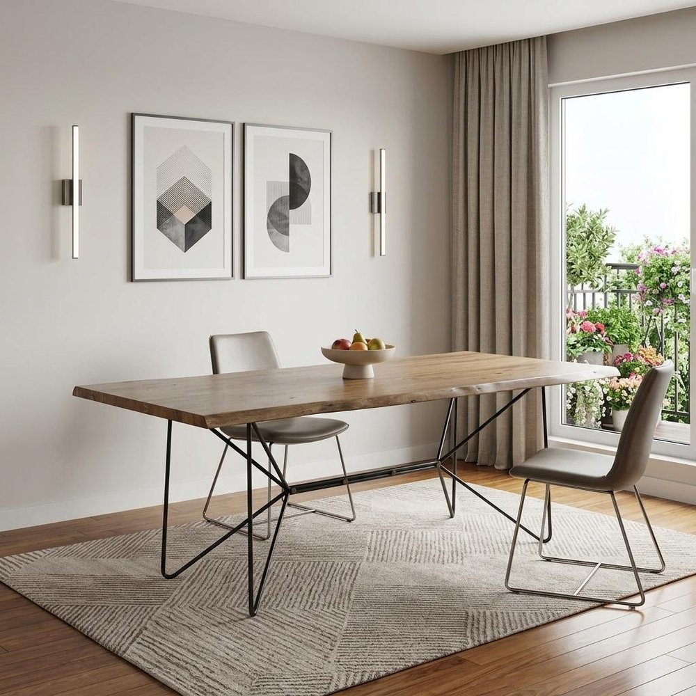 Natural and Black Solid Wood and Metal Trestle Base Dining Table - 84-inch