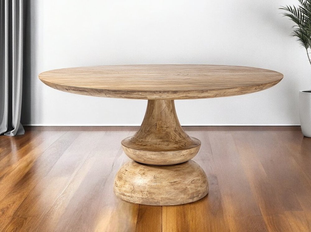 Natural Rounded Solid Wood Pedestal Base Dining Table - 60-inch