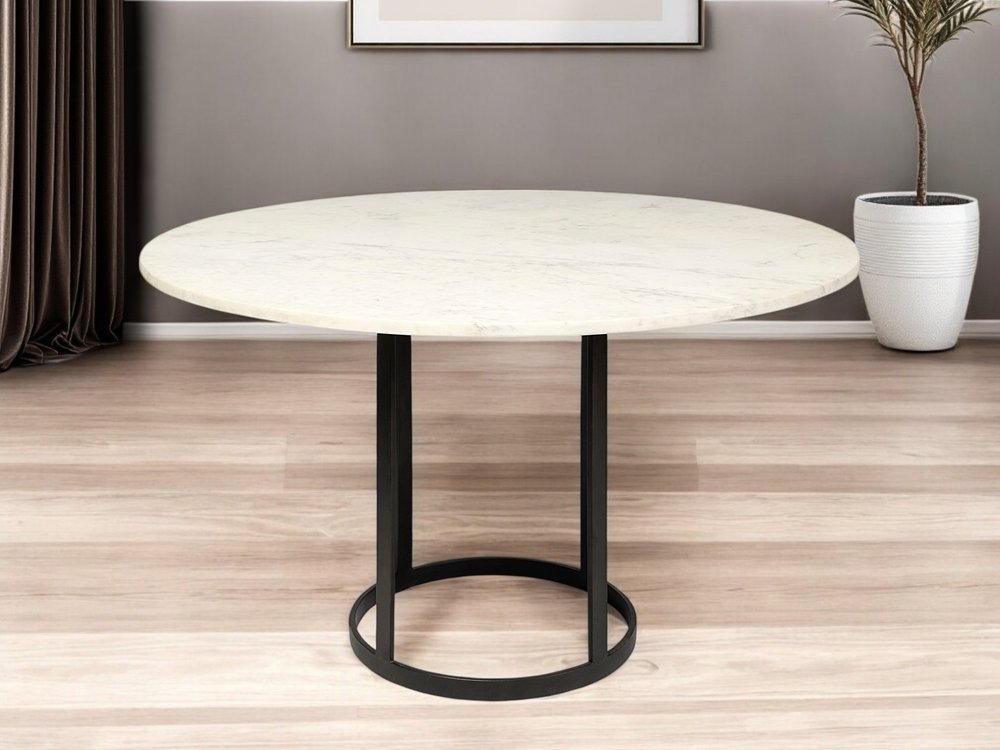 White and Black Rounded Marble and Metal Pedestal Base Dining Table - 48-inch