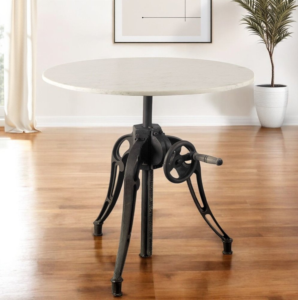 White and Black Rounded Marble and Metal Three Leg Base Dining Table - 30-inch