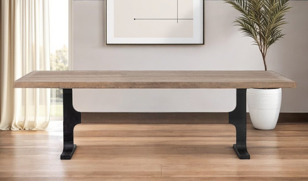Natural and Black Solid Wood and Metal Trestle Base Dining Table - 96-inch