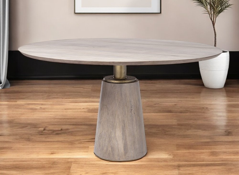Brown and Gold Rounded Solid Wood and Metal Pedestal Base Dining Table - 54-inch
