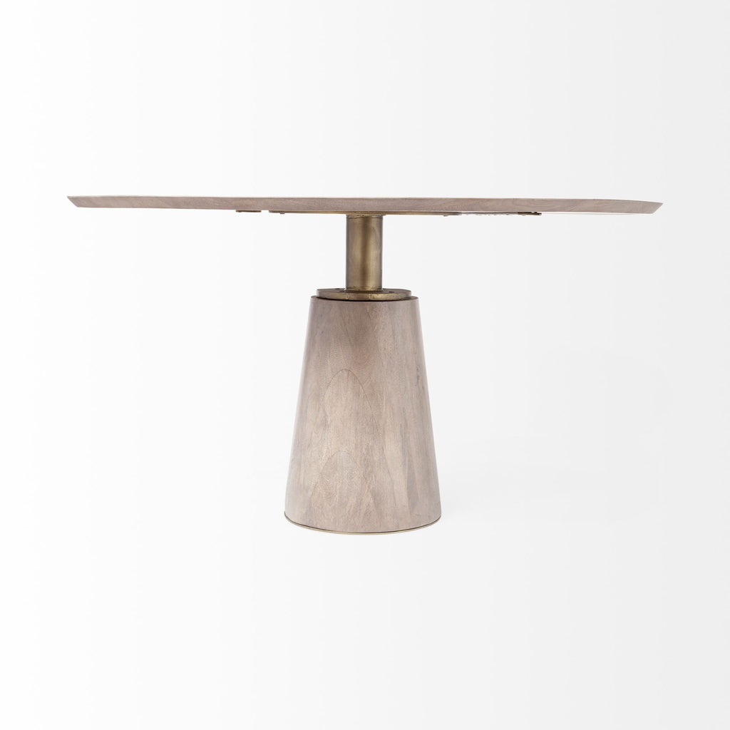 Brown and Gold Rounded Solid Wood and Metal Pedestal Base Dining Table - 54-inch
