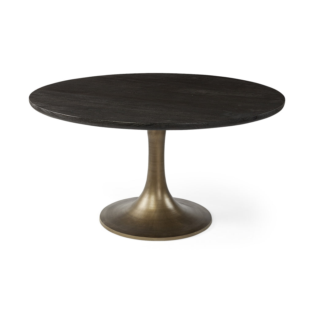 Black and Brass Rounded Solid Wood and Metal Pedestal Base Dining Table