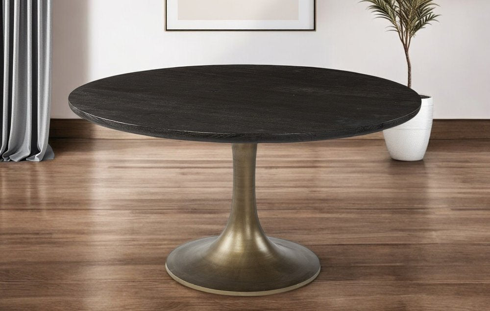 Black and Brass Rounded Solid Wood and Metal Pedestal Base Dining Table