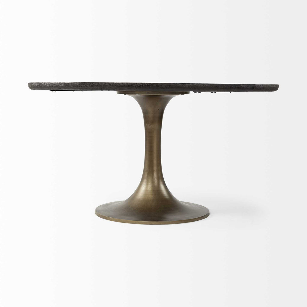 Black and Brass Rounded Solid Wood and Metal Pedestal Base Dining Table