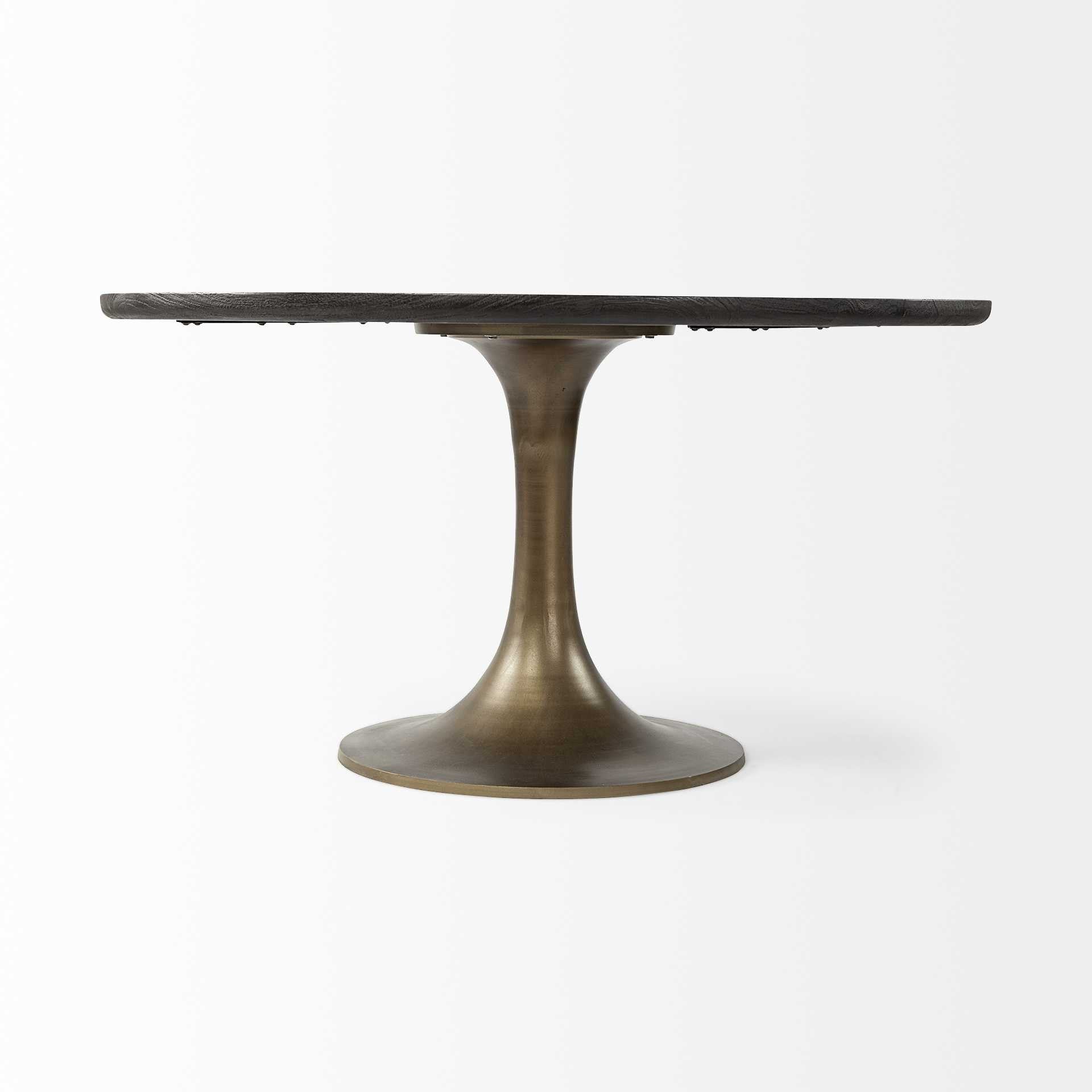 Black and Brass Rounded Solid Wood and Metal Pedestal Base Dining Table
