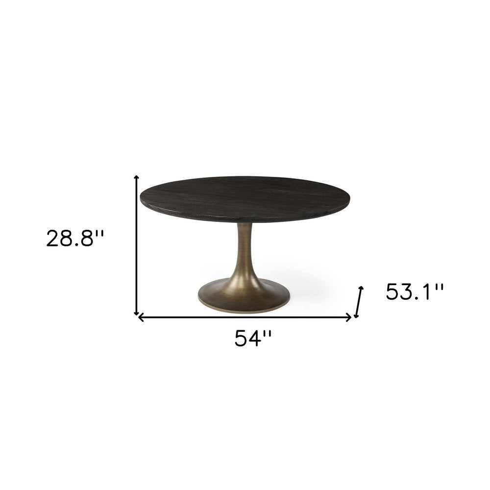 Black and Brass Rounded Solid Wood and Metal Pedestal Base Dining Table