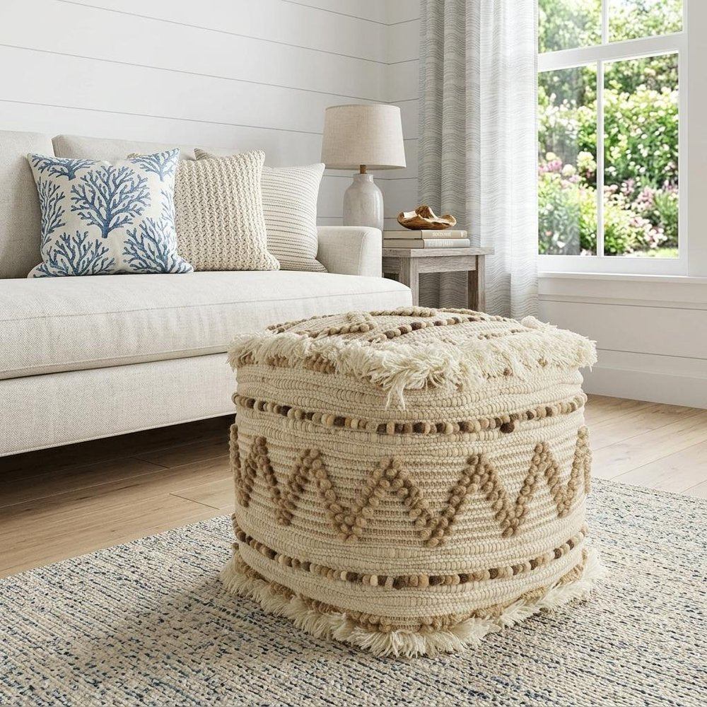 Beige Geometric Cube Ottoman - 18-inch