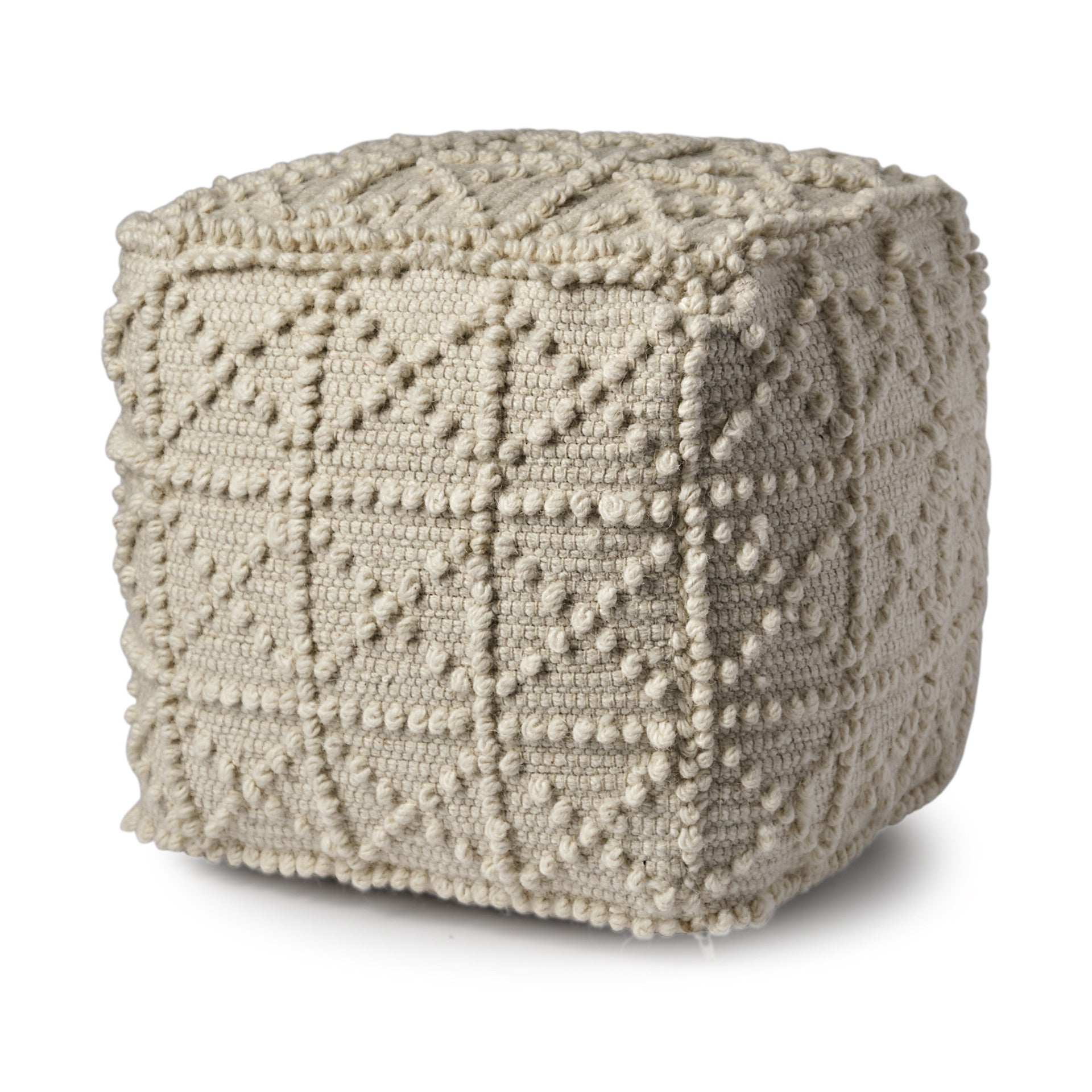Ivory Wool Knubby Geometric Cube Pouf Ottoman - 18-inch