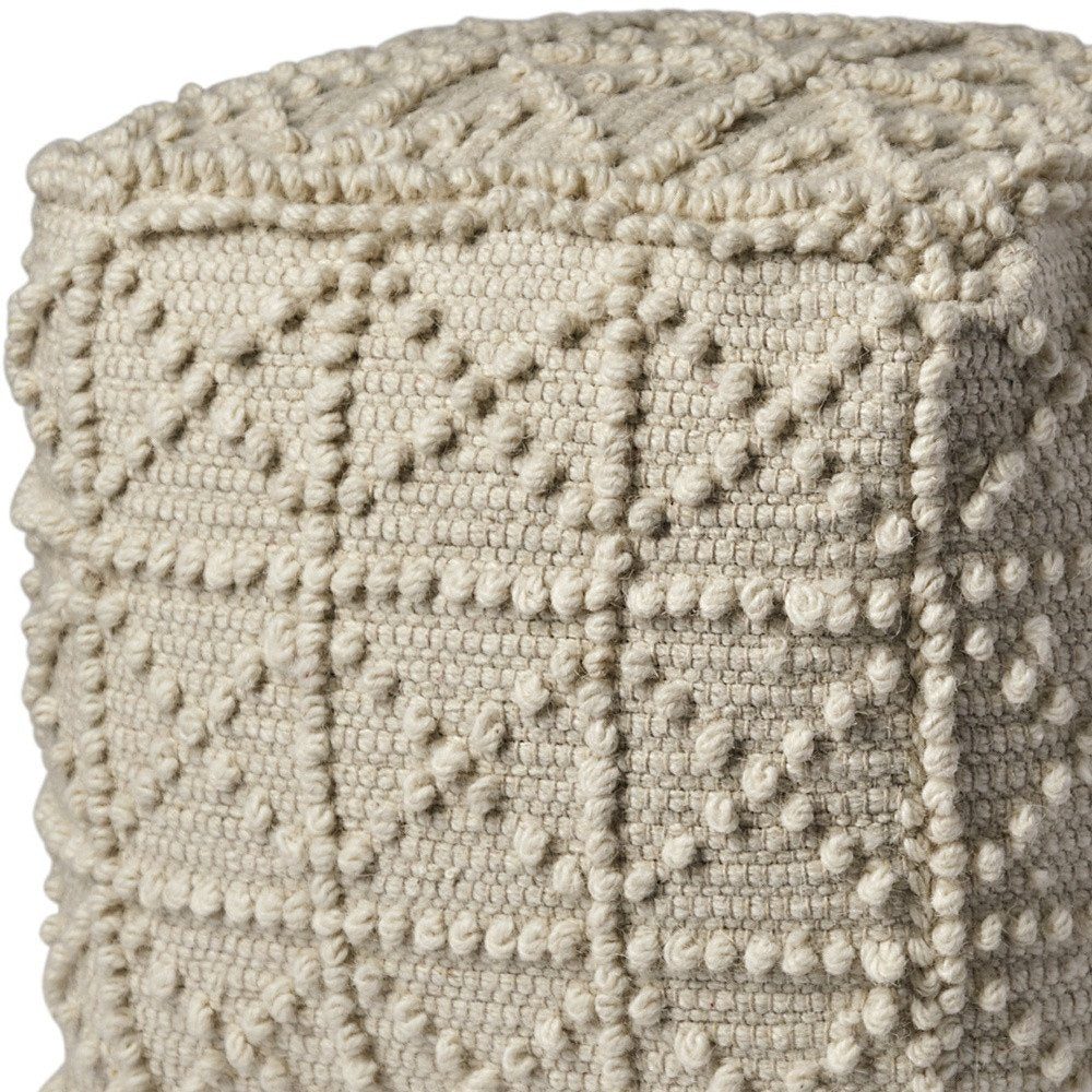 Ivory Wool Knubby Geometric Cube Pouf Ottoman - 18-inch