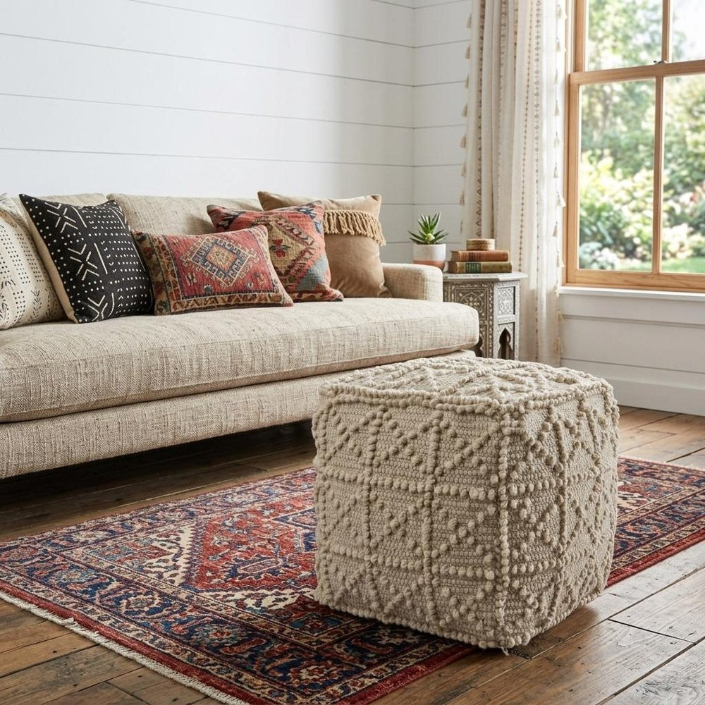 Ivory Wool Knubby Geometric Cube Pouf Ottoman - 18-inch