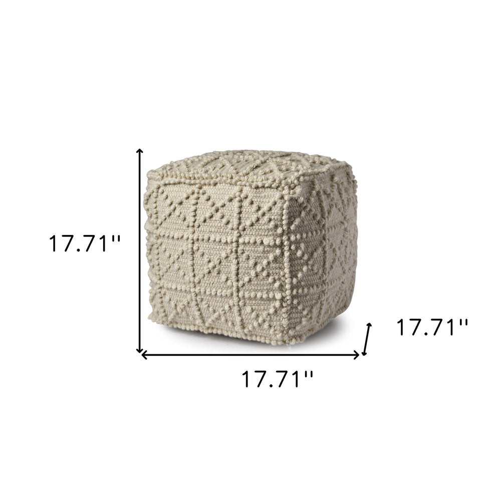 Ivory Wool Knubby Geometric Cube Pouf Ottoman - 18-inch